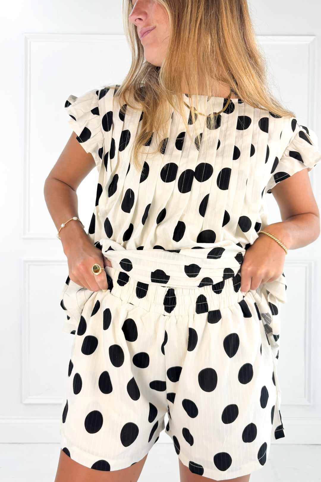 Polka Dot Pleated Ruffle Trim Top