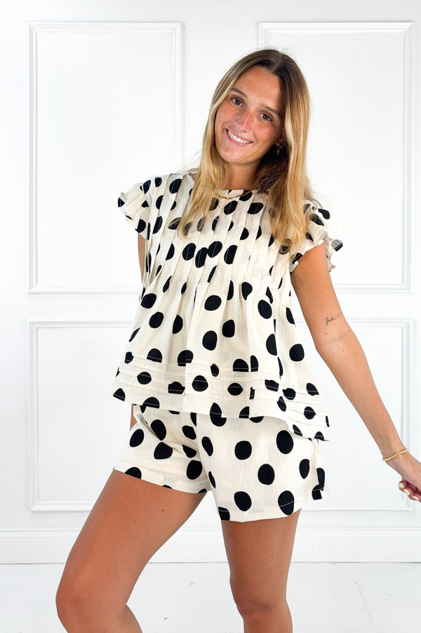 Polka Dot Pleated Ruffle Trim Top