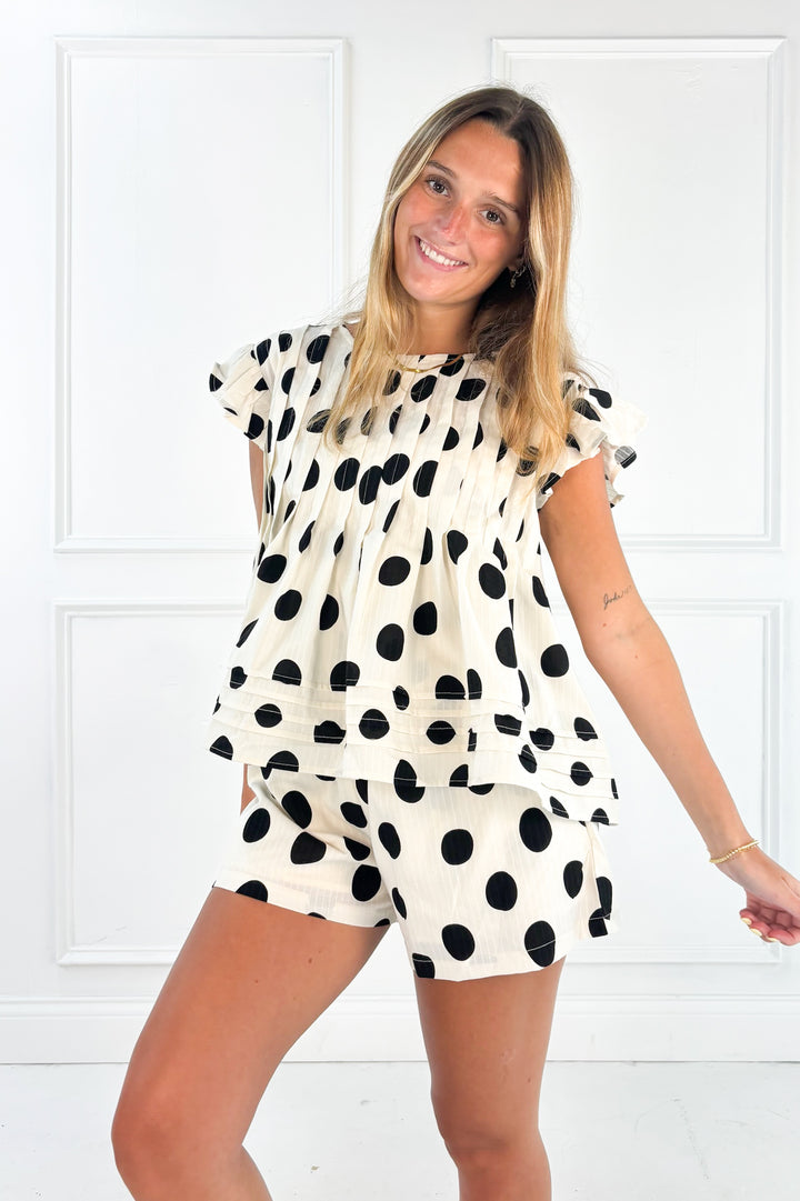 Polka Dot Pleated Ruffle Trim Top