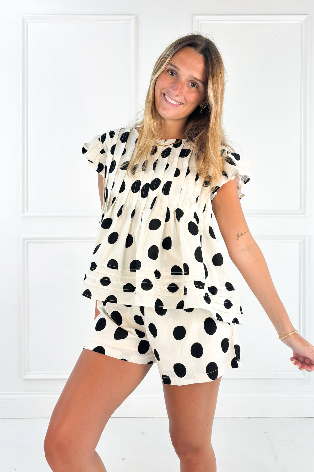 Polka Dot Pleated Ruffle Trim Shorts