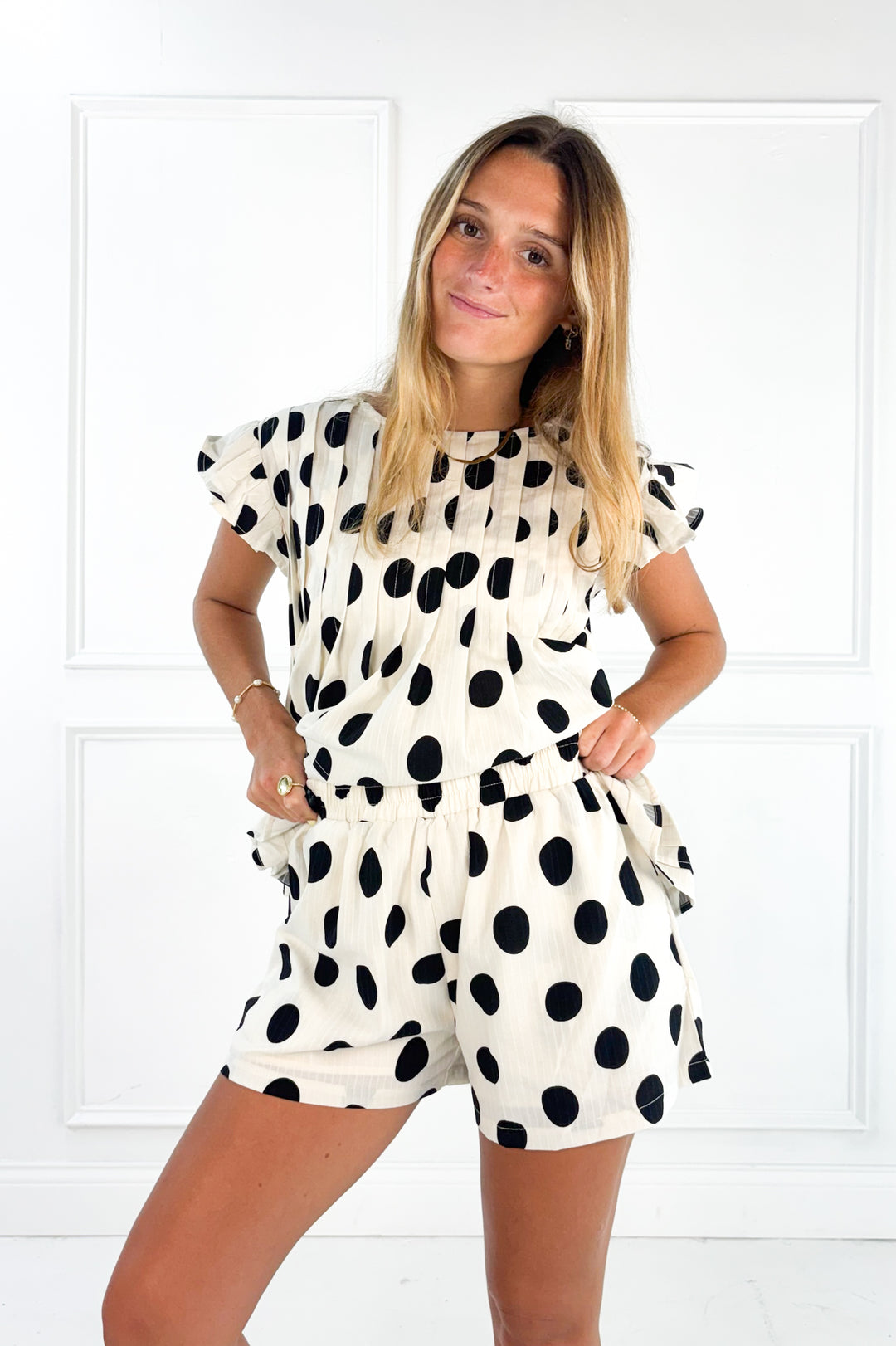Polka Dot Pleated Ruffle Trim Shorts