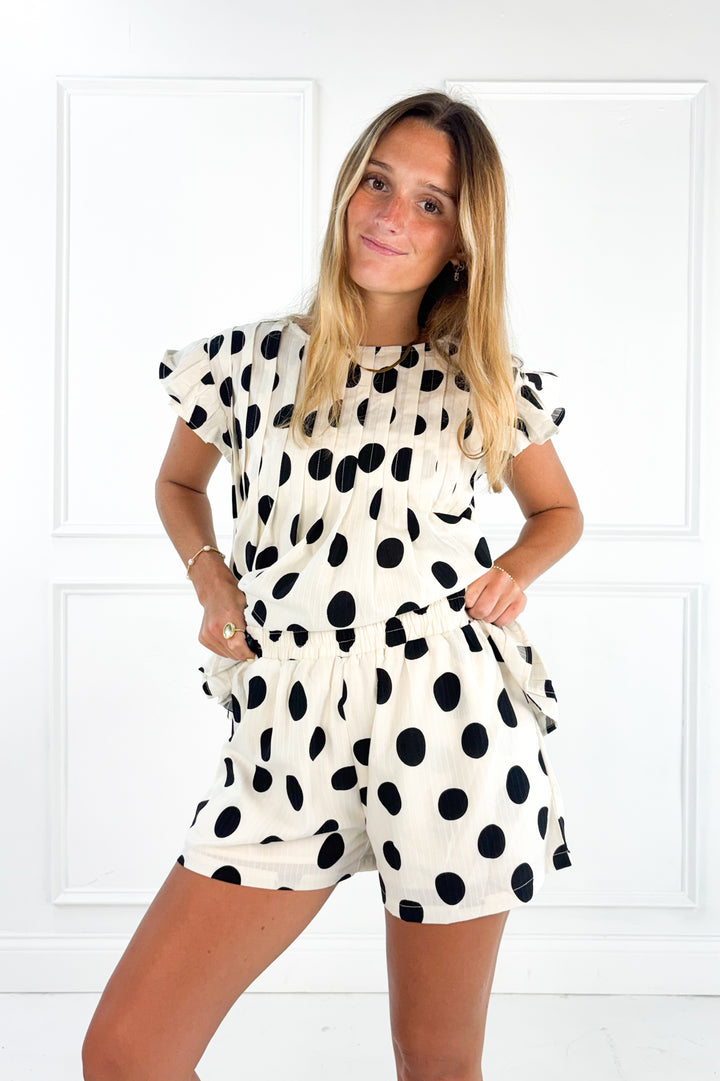 Polka Dot Pleated Ruffle Trim Shorts