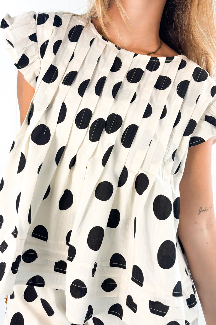 Polka Dot Pleated Ruffle Trim Top