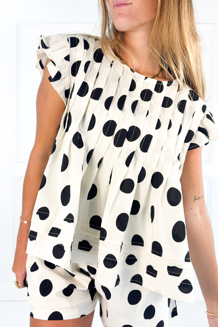 Polka Dot Pleated Ruffle Trim Top
