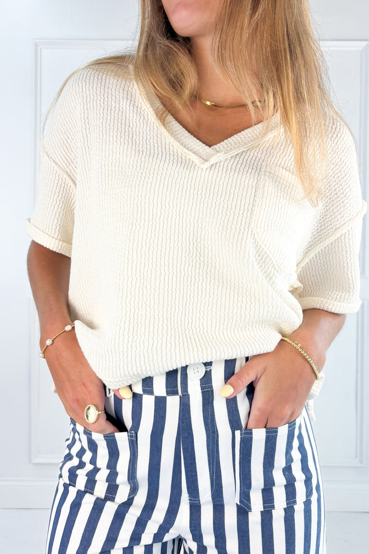 V-Neck Short Sleeve Side Slit Ribbed Knit Top