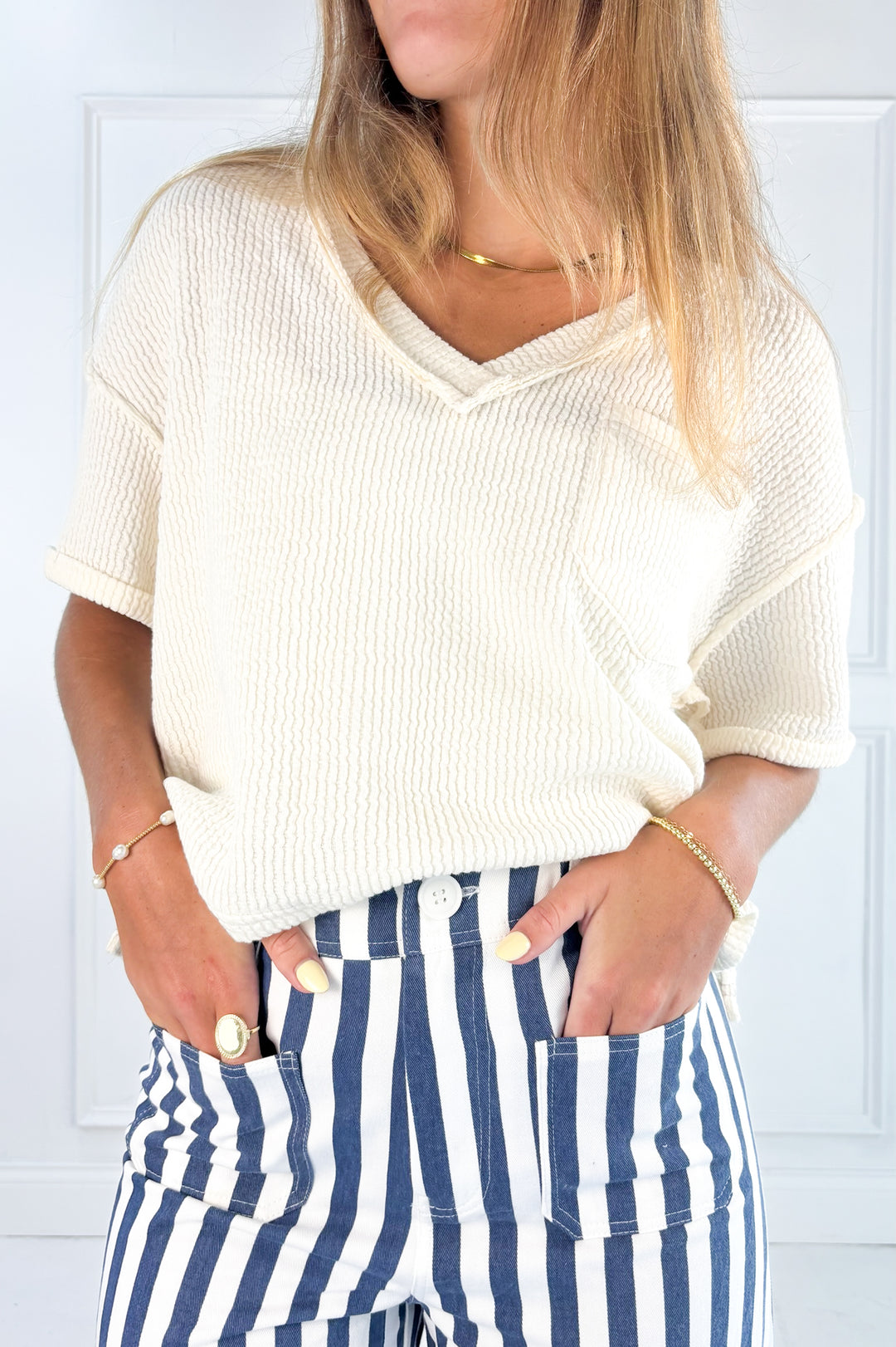 V-Neck Short Sleeve Side Slit Ribbed Knit Top
