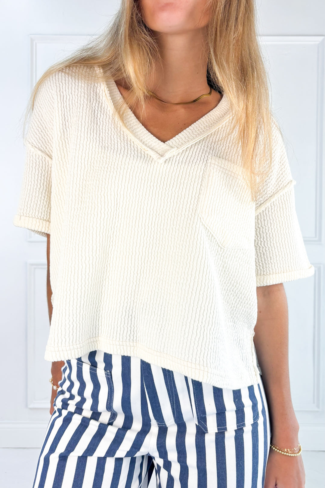 V-Neck Short Sleeve Side Slit Ribbed Knit Top