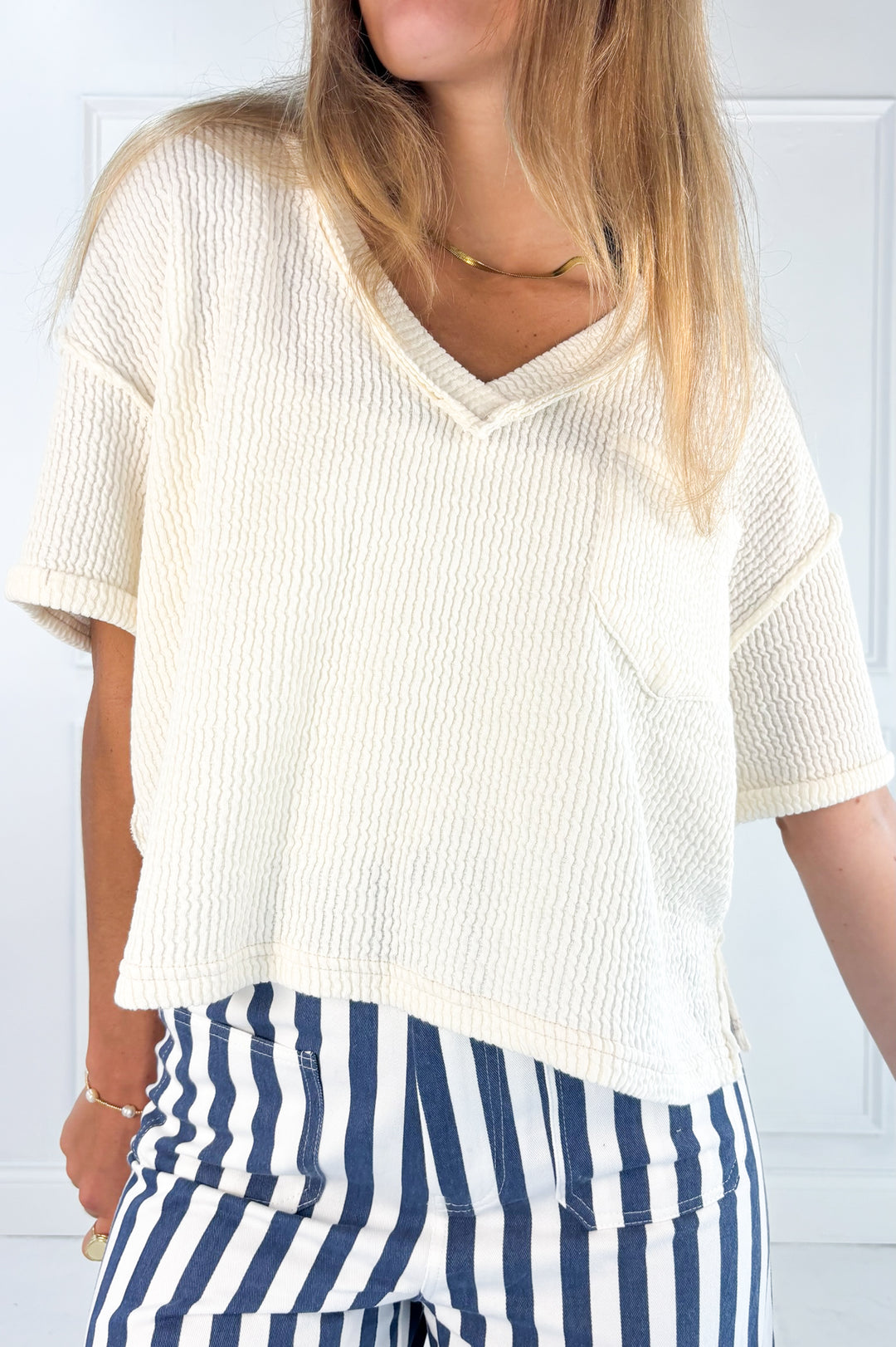 V-Neck Short Sleeve Side Slit Ribbed Knit Top