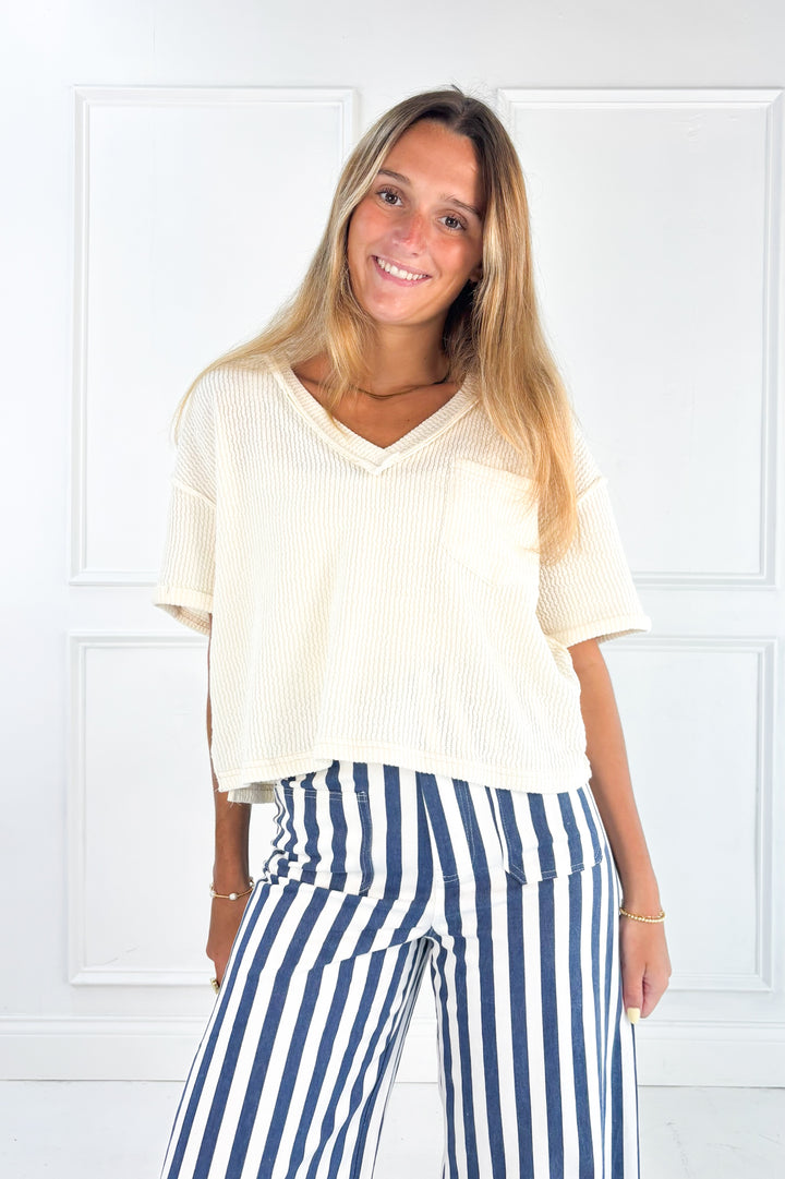 V-Neck Short Sleeve Side Slit Ribbed Knit Top