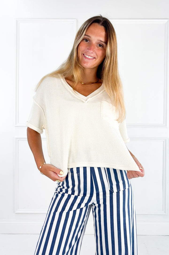 V-Neck Short Sleeve Side Slit Ribbed Knit Top
