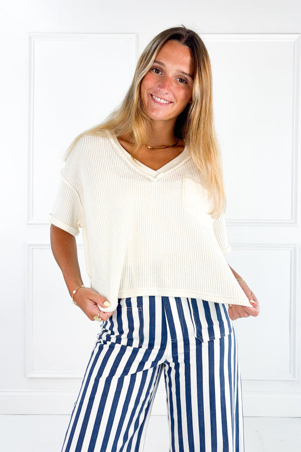 V-Neck Short Sleeve Side Slit Ribbed Knit Top