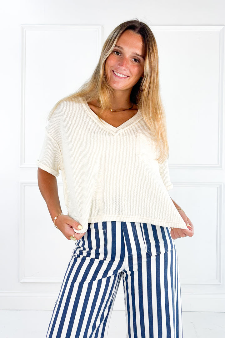 V-Neck Short Sleeve Side Slit Ribbed Knit Top