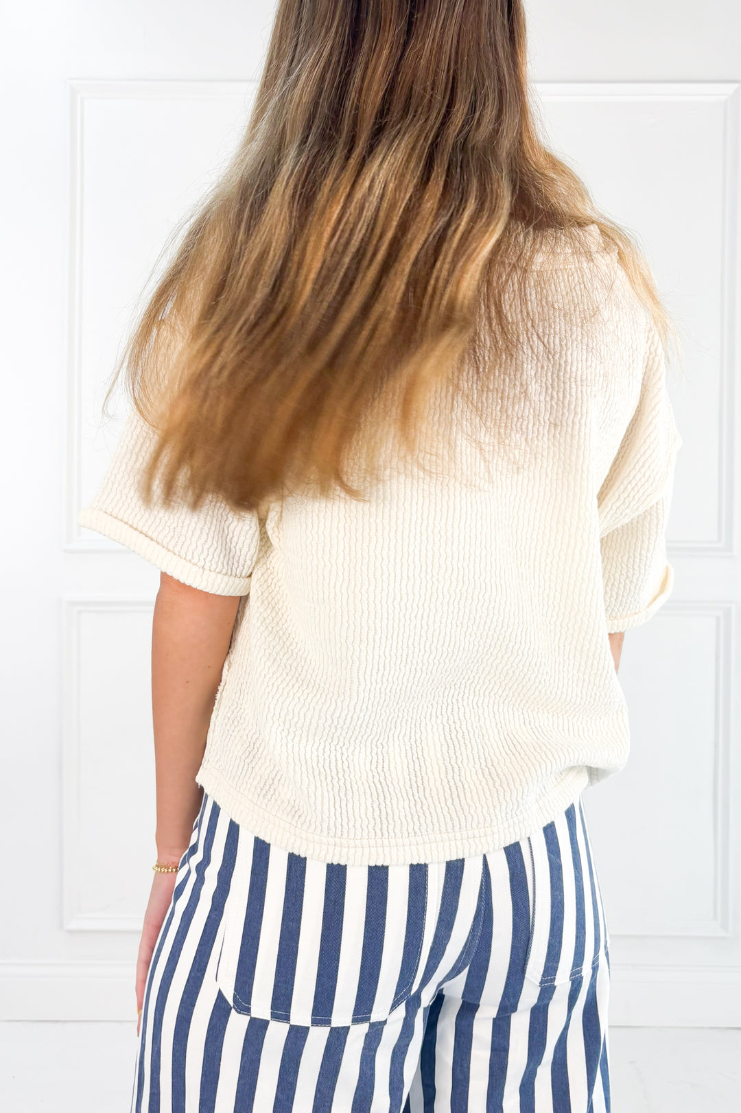 V-Neck Short Sleeve Side Slit Ribbed Knit Top