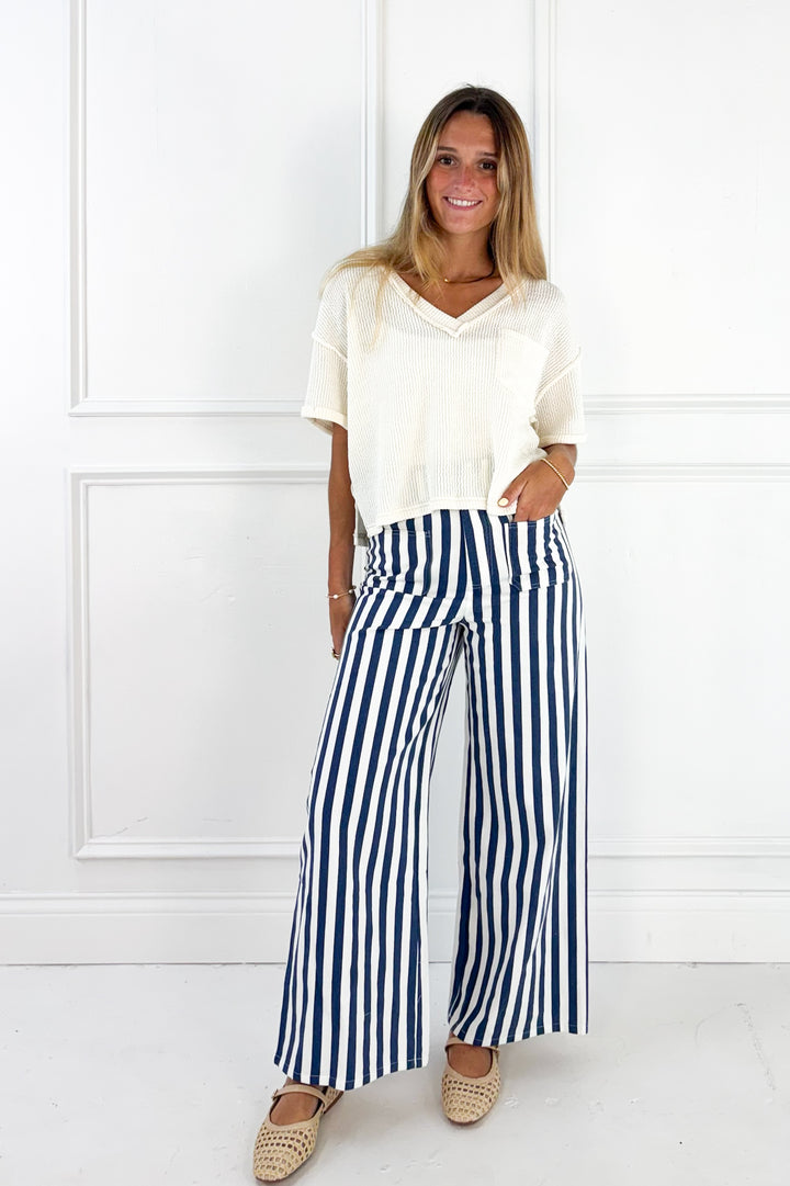 Blue Stripe Cotton Denim Pants