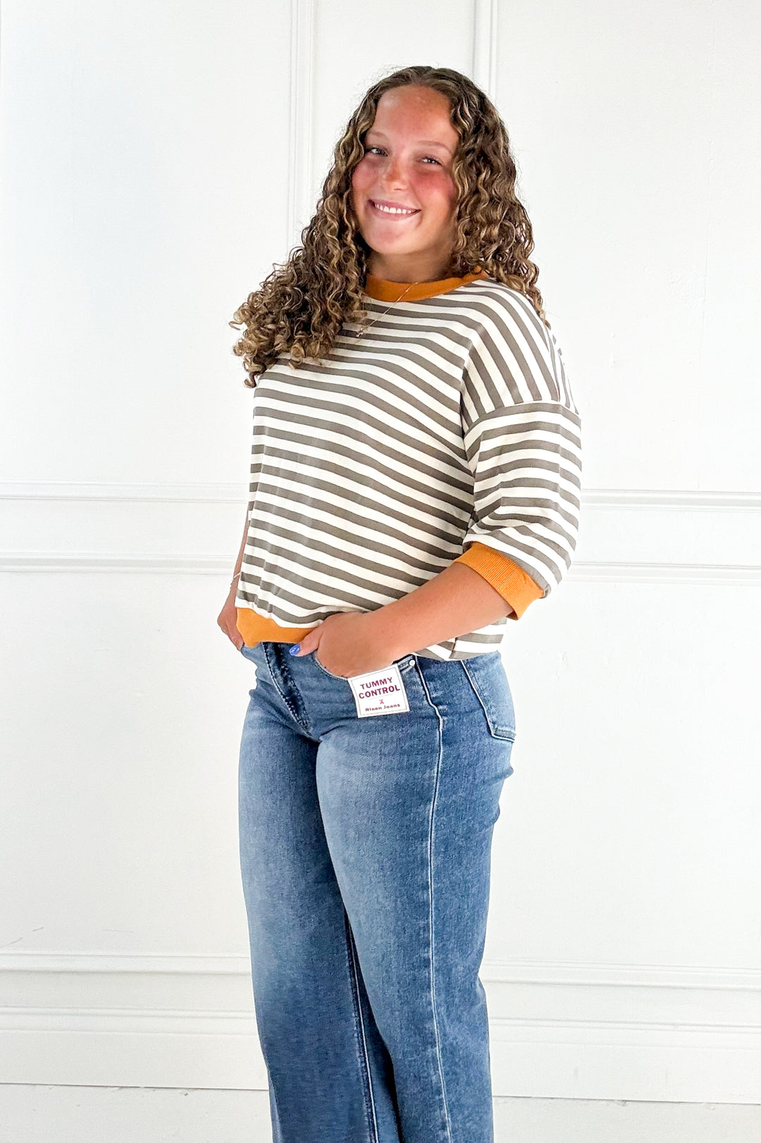Risen Tummy Control High Rise Crop Wide Creased Jeans