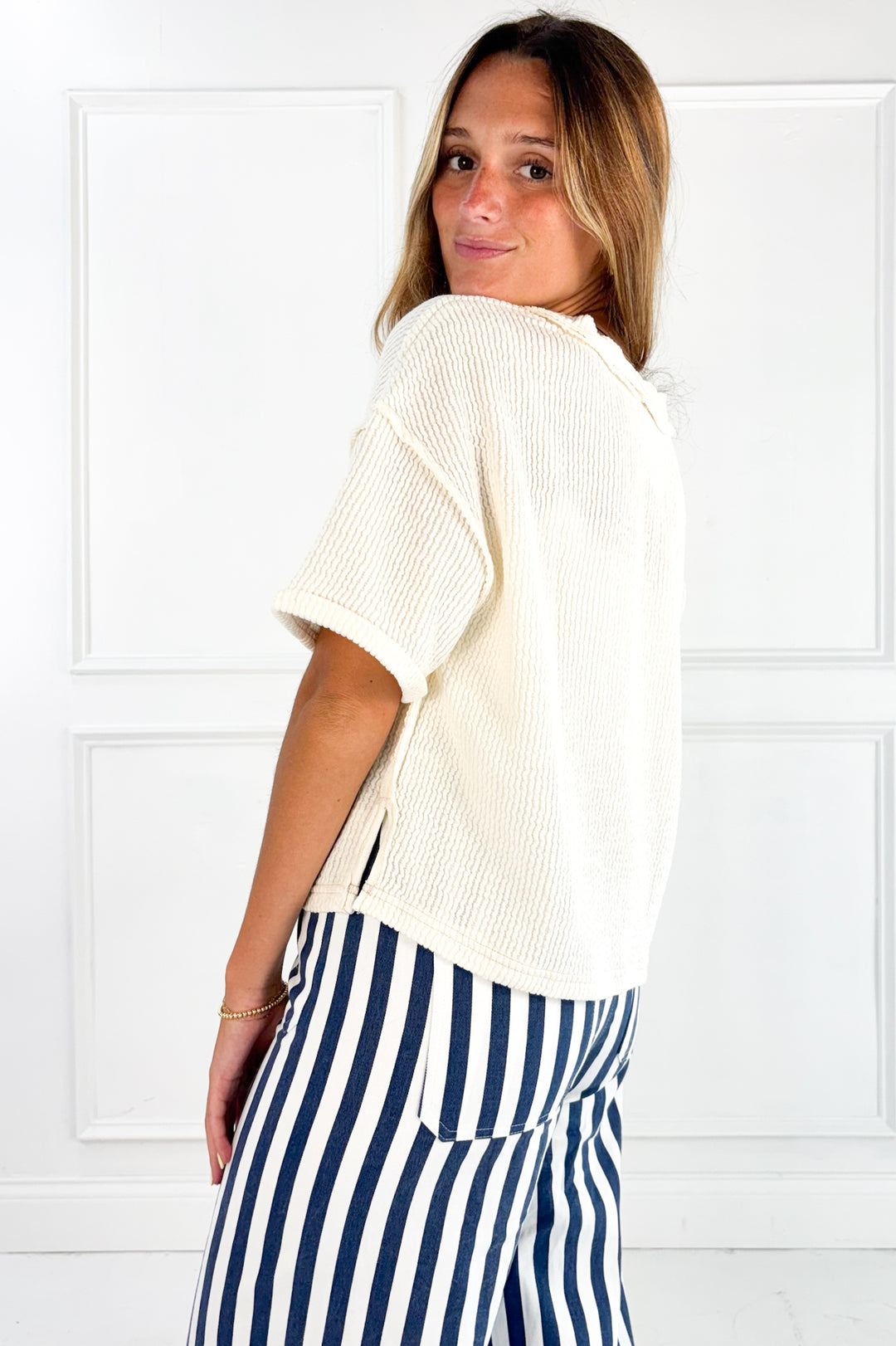 V-Neck Short Sleeve Side Slit Ribbed Knit Top