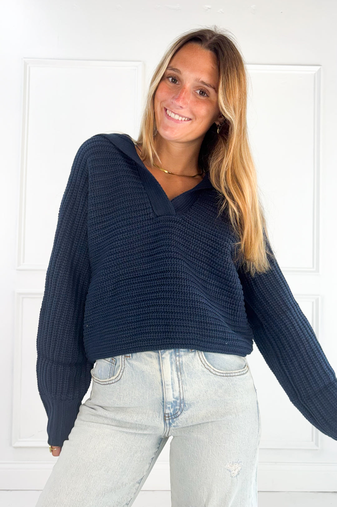 Textured Collared Knit Sweater Top
