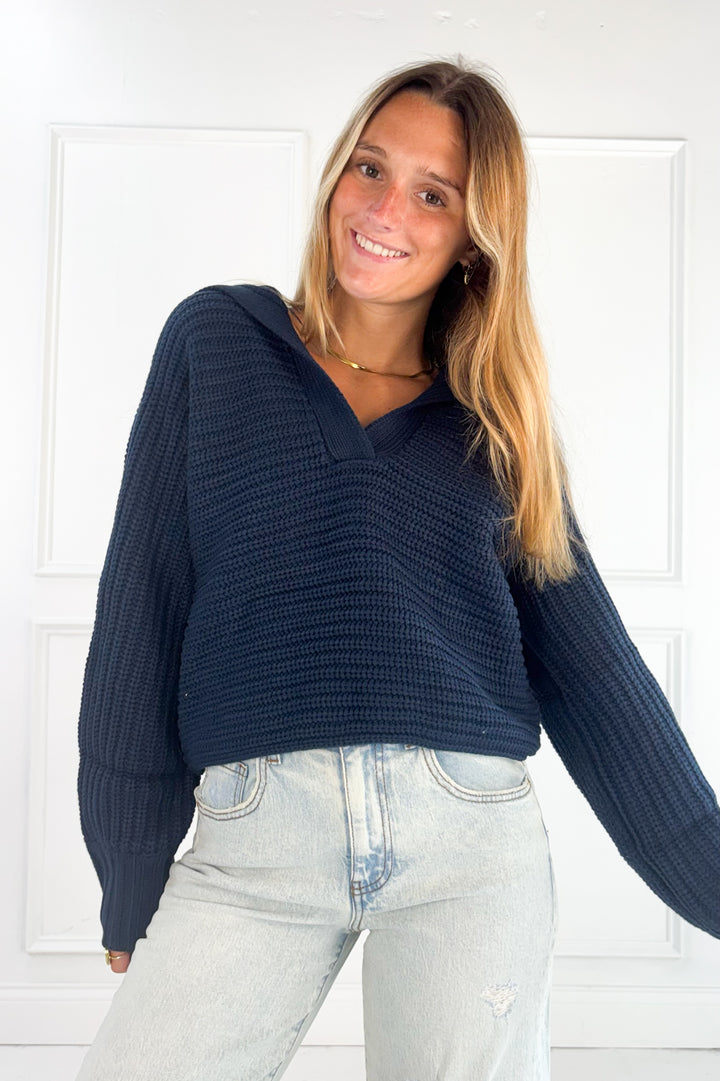 Textured Collared Knit Sweater Top