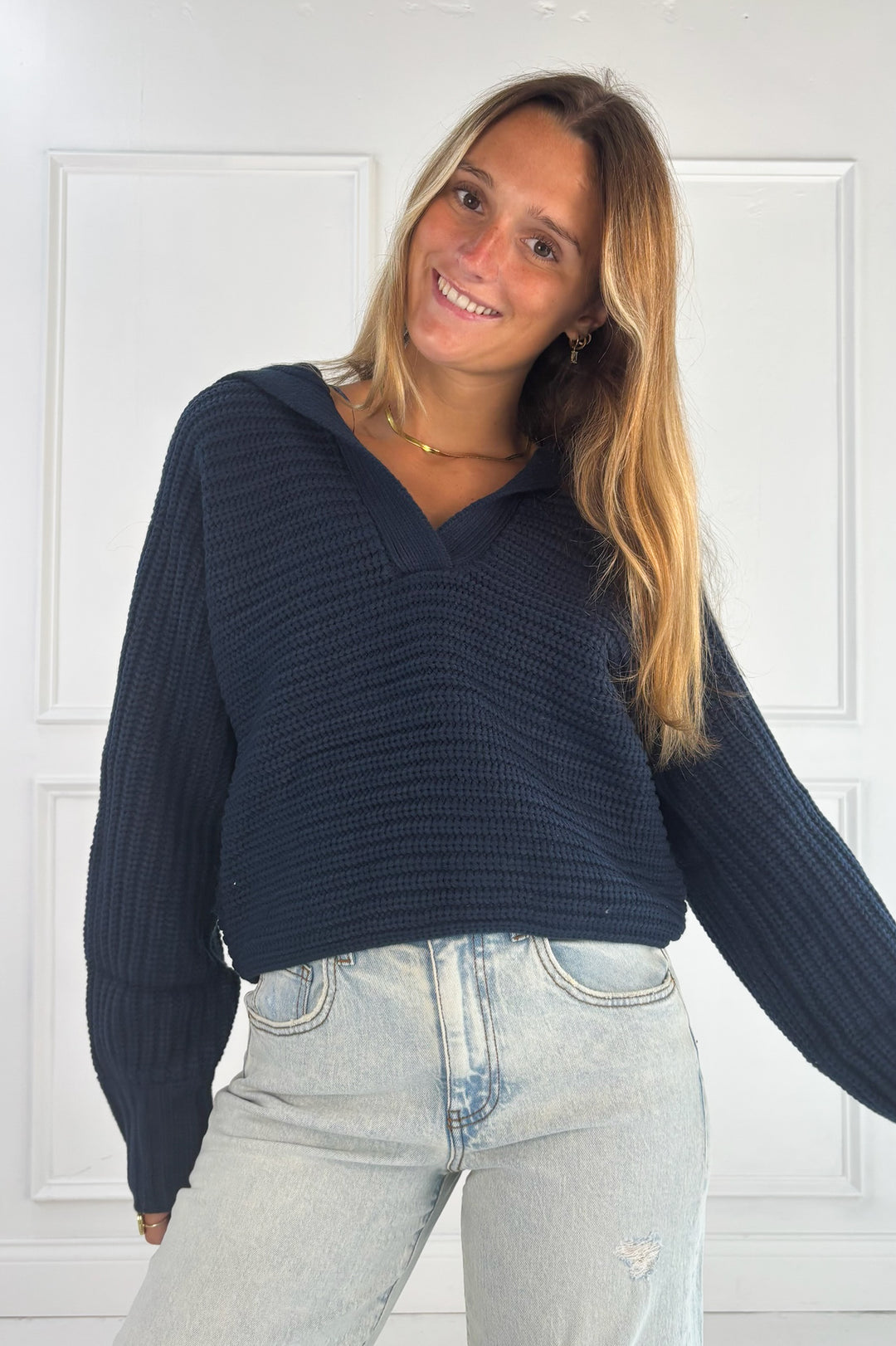 Textured Collared Knit Sweater Top