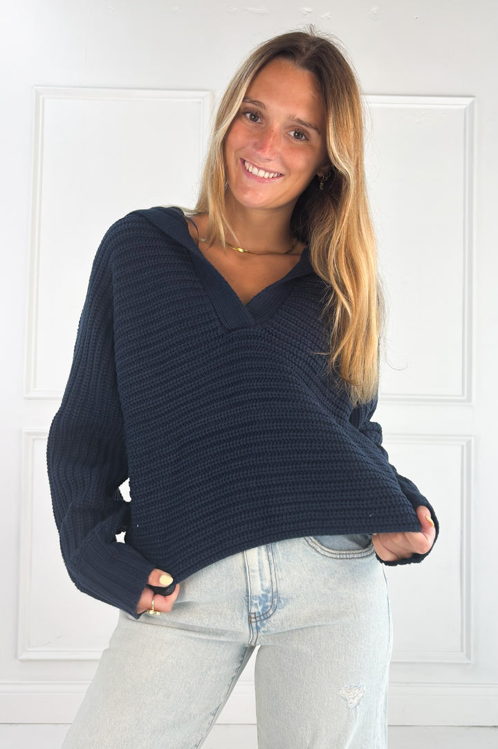Textured Collared Knit Sweater Top