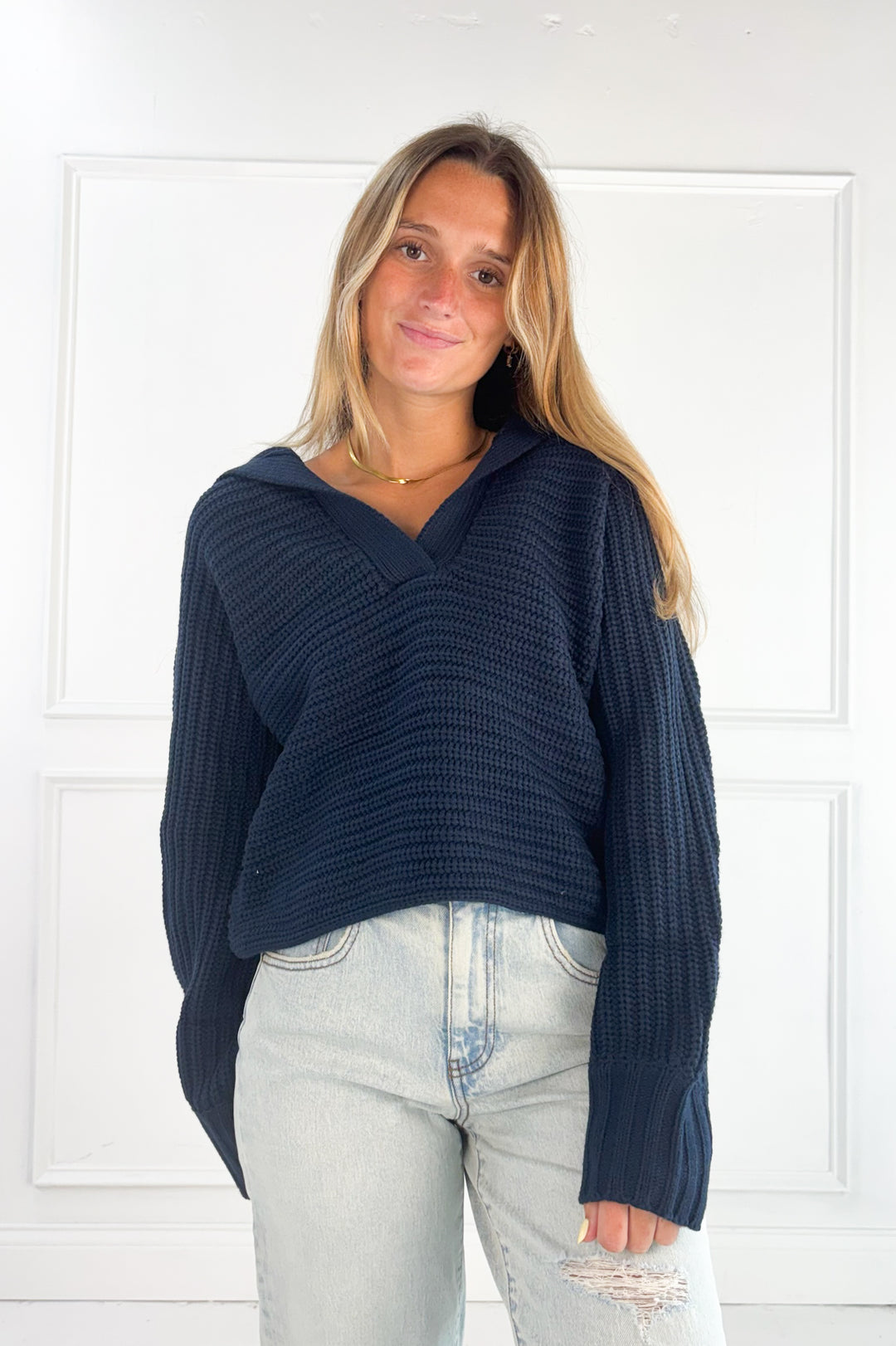 Textured Collared Knit Sweater Top
