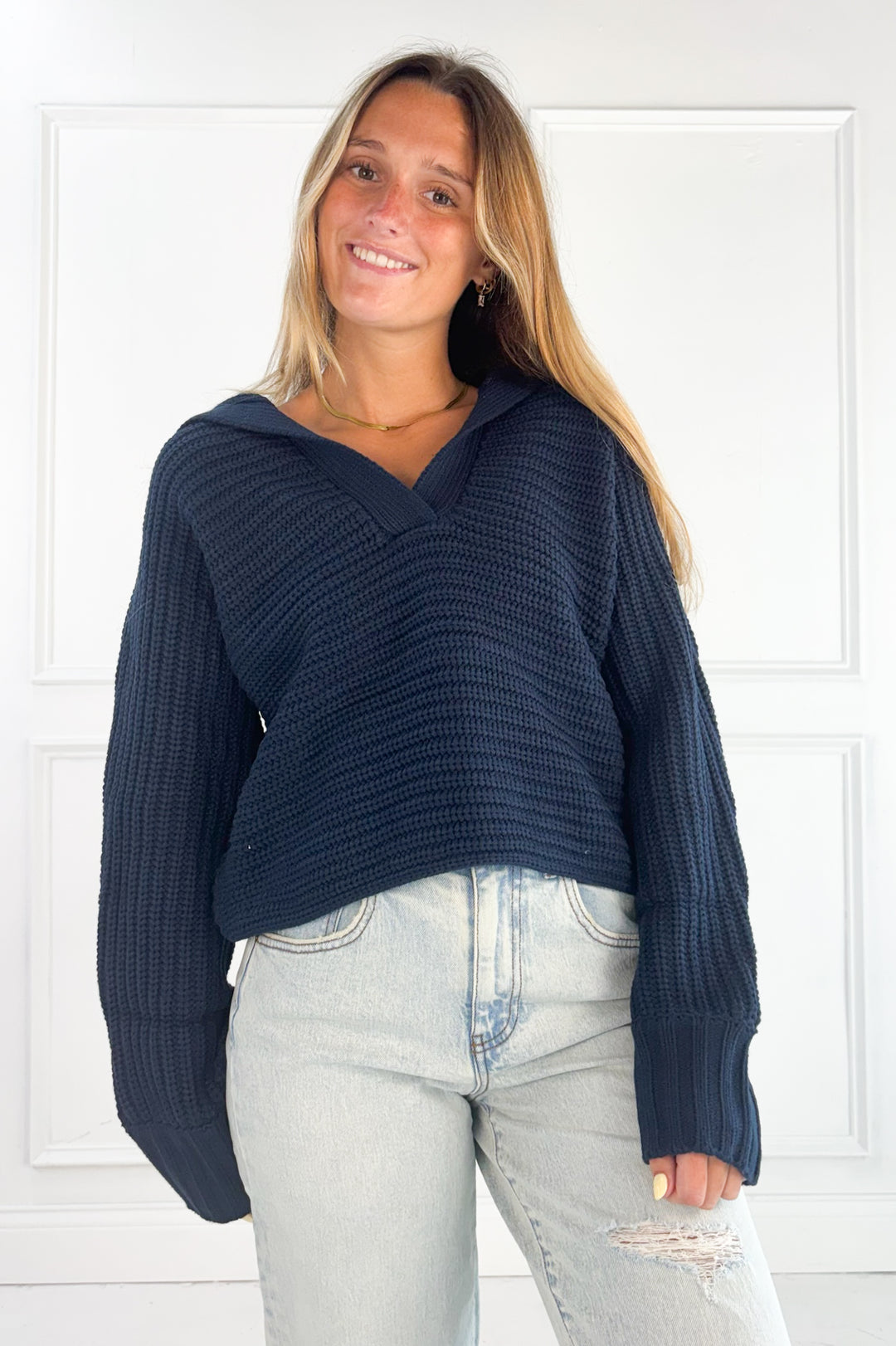 Textured Collared Knit Sweater Top