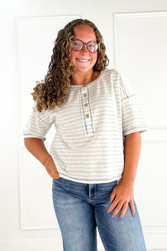 Striped Exposed Seam Henley Knit Top