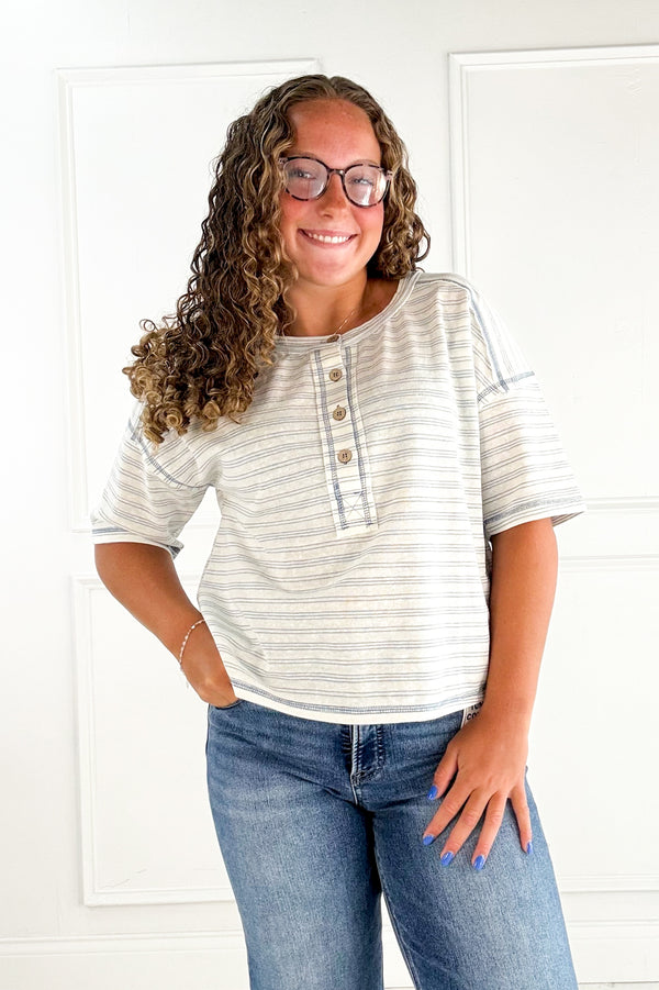 Striped Exposed Seam Henley Knit Top