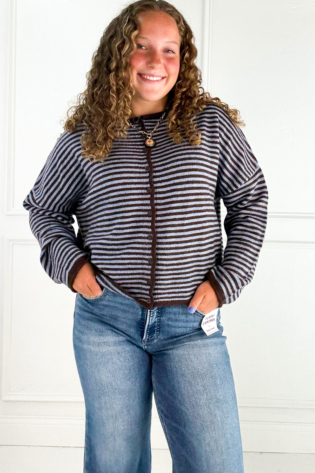 Stripe Raw Edge Button Down Cardigan