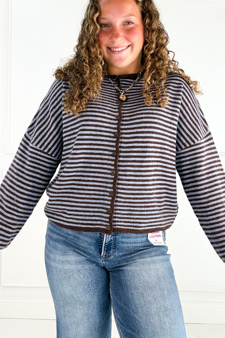 Stripe Raw Edge Button Down Cardigan