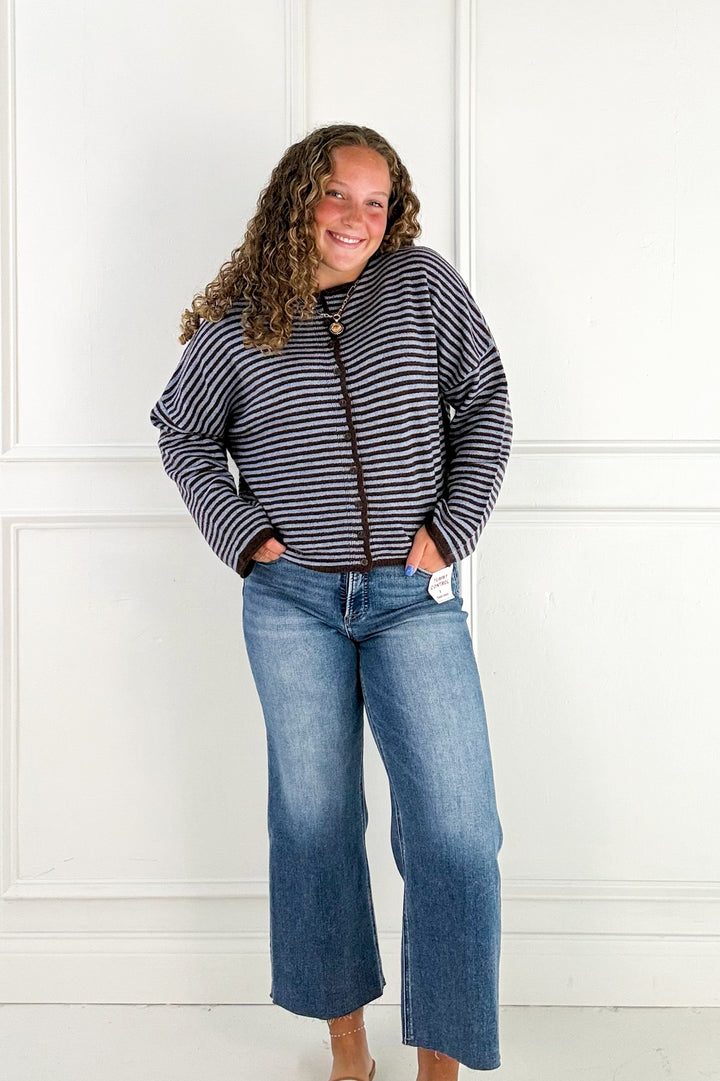 Stripe Raw Edge Button Down Cardigan