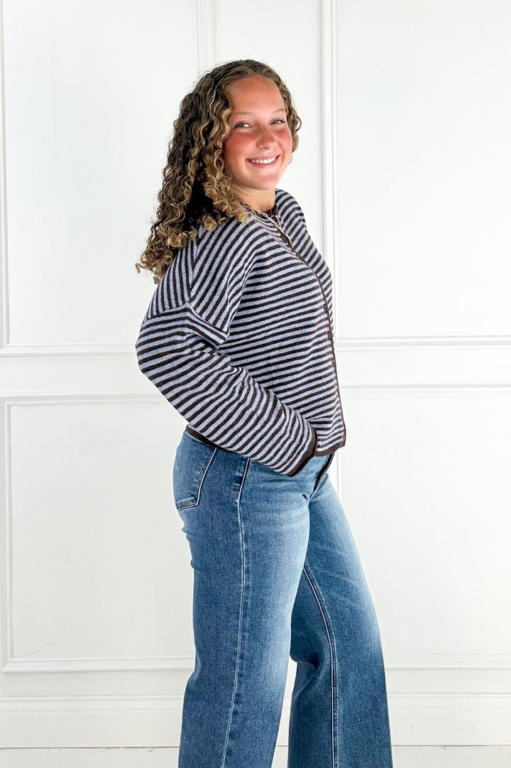 Stripe Raw Edge Button Down Cardigan