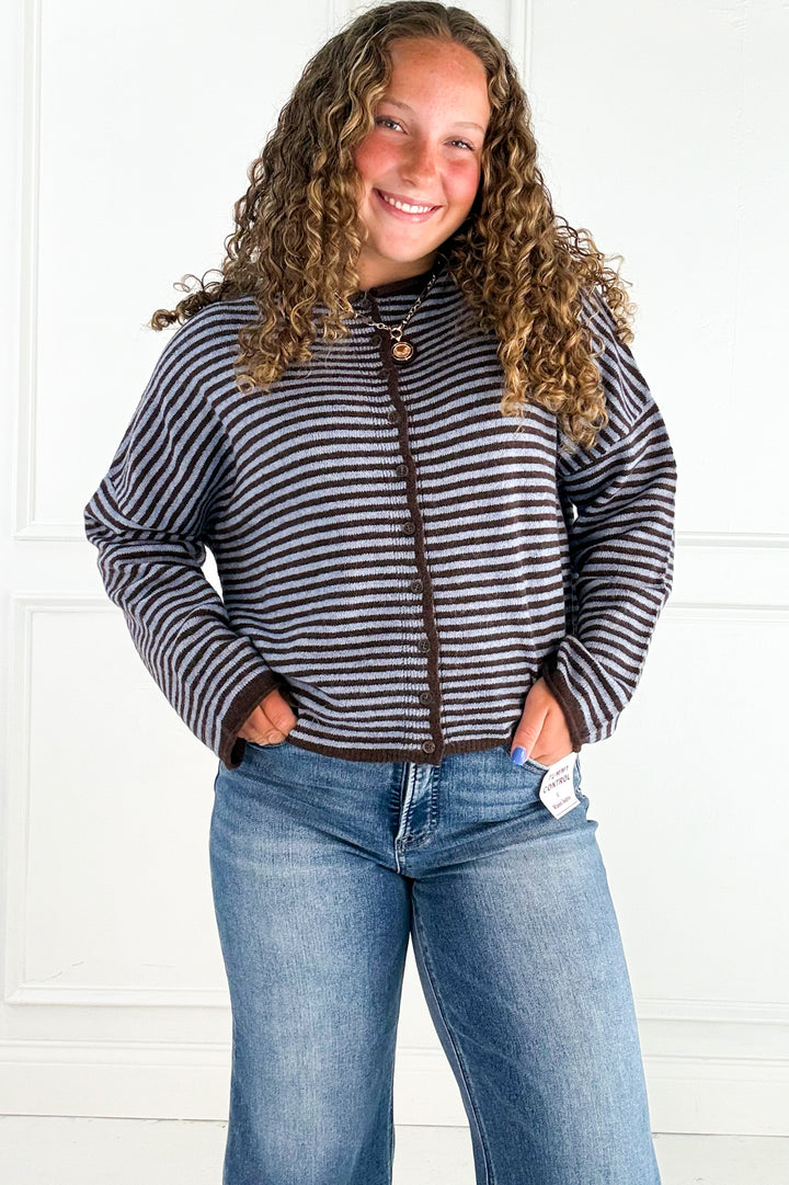 Stripe Raw Edge Button Down Cardigan