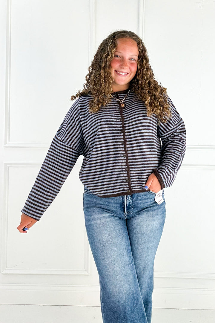 Stripe Raw Edge Button Down Cardigan