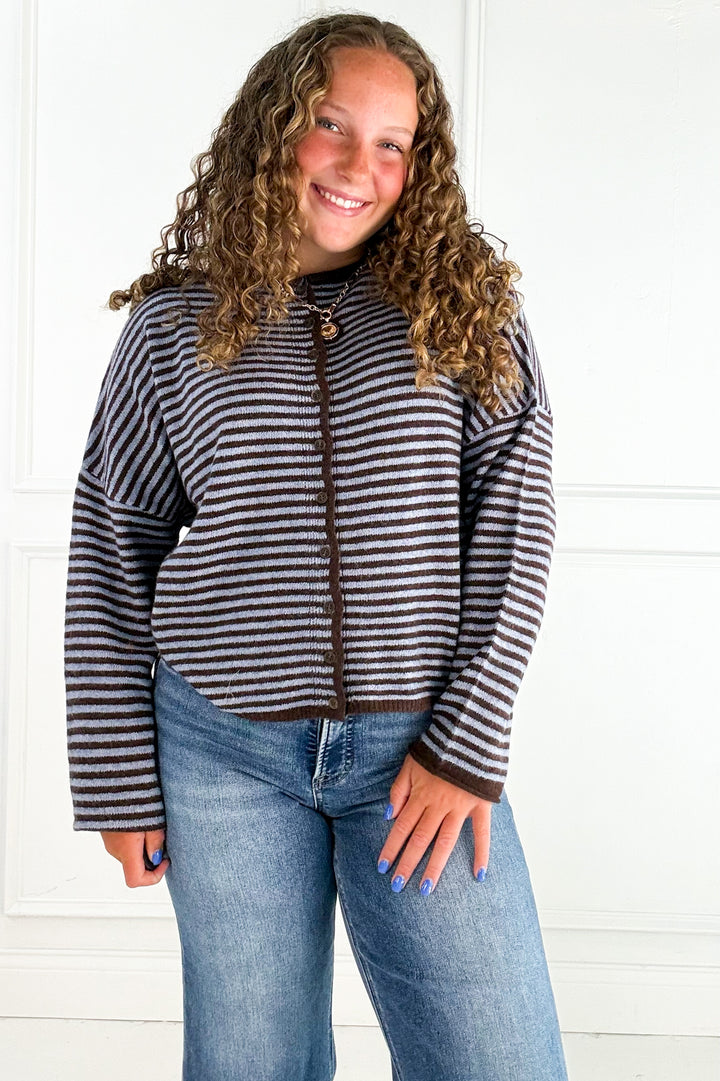 Stripe Raw Edge Button Down Cardigan