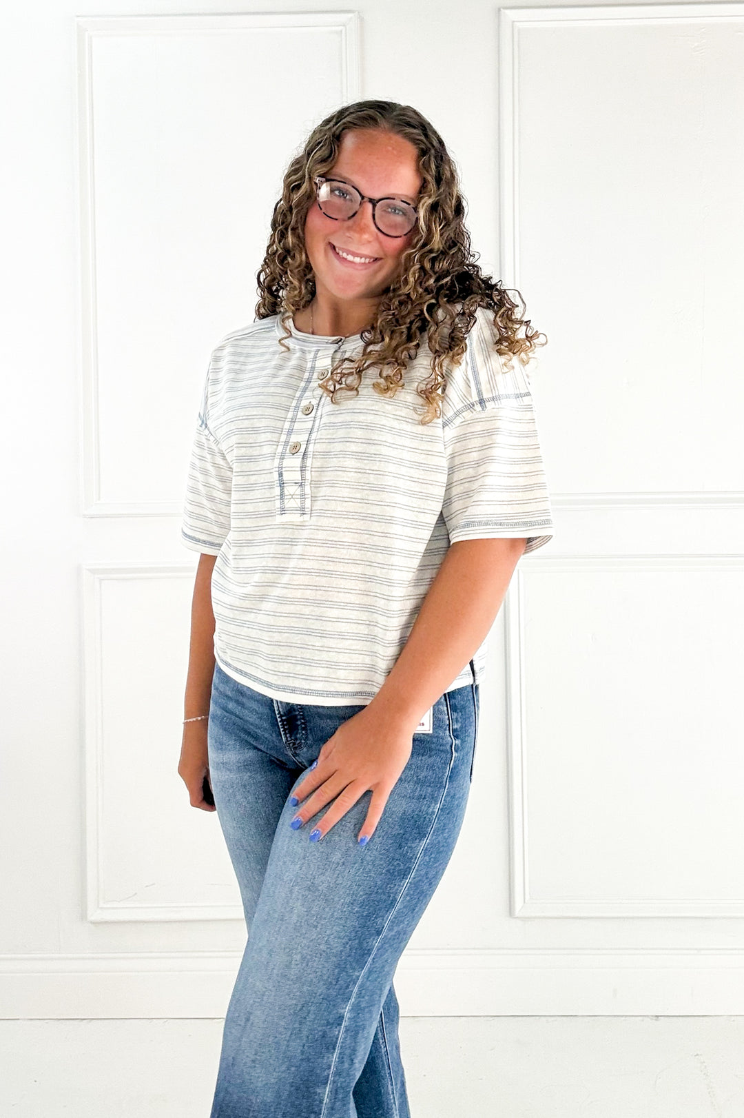 Striped Exposed Seam Henley Knit Top