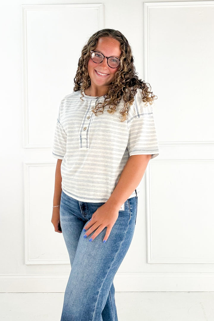 Striped Exposed Seam Henley Knit Top