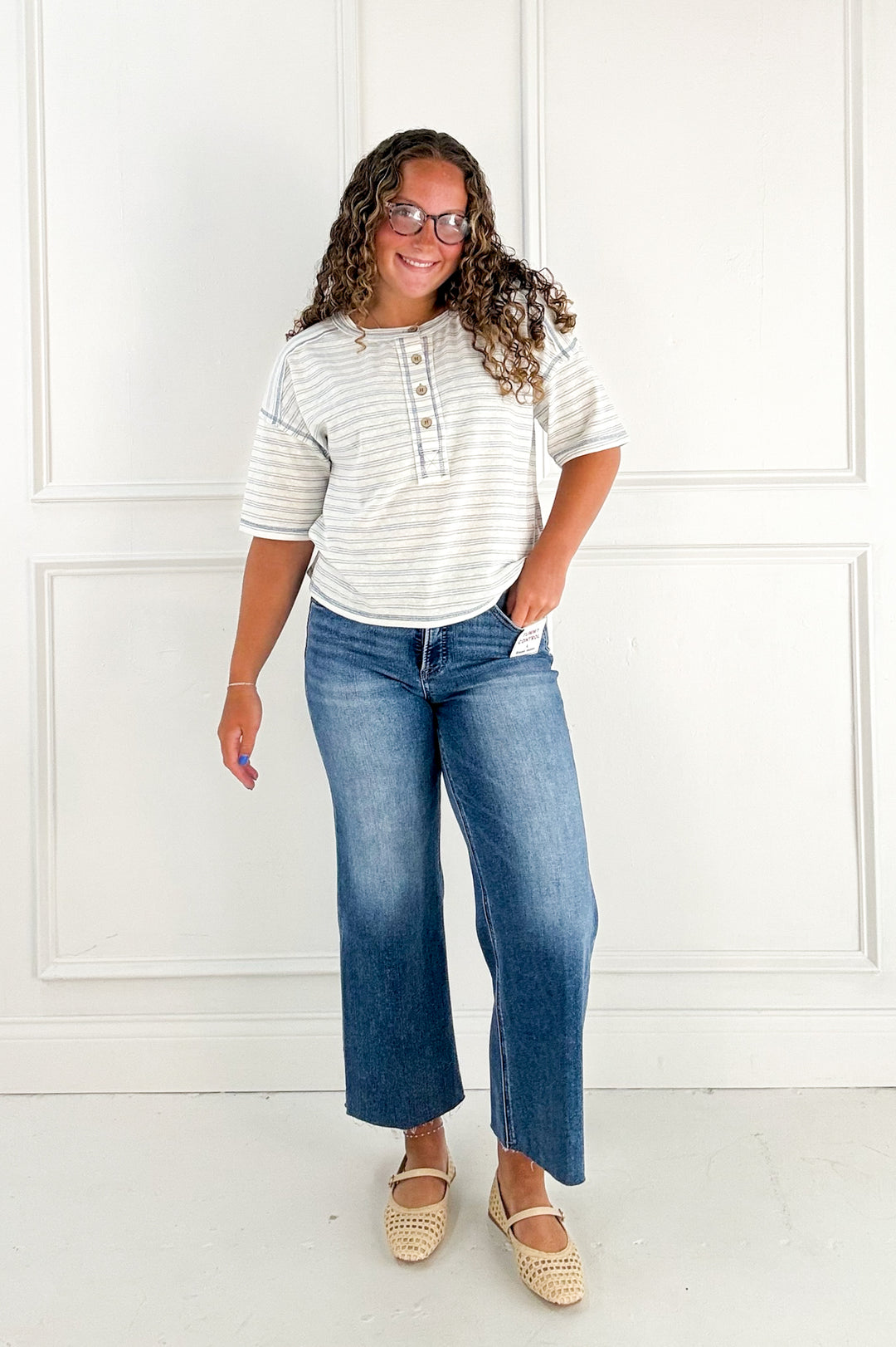 Striped Exposed Seam Henley Knit Top