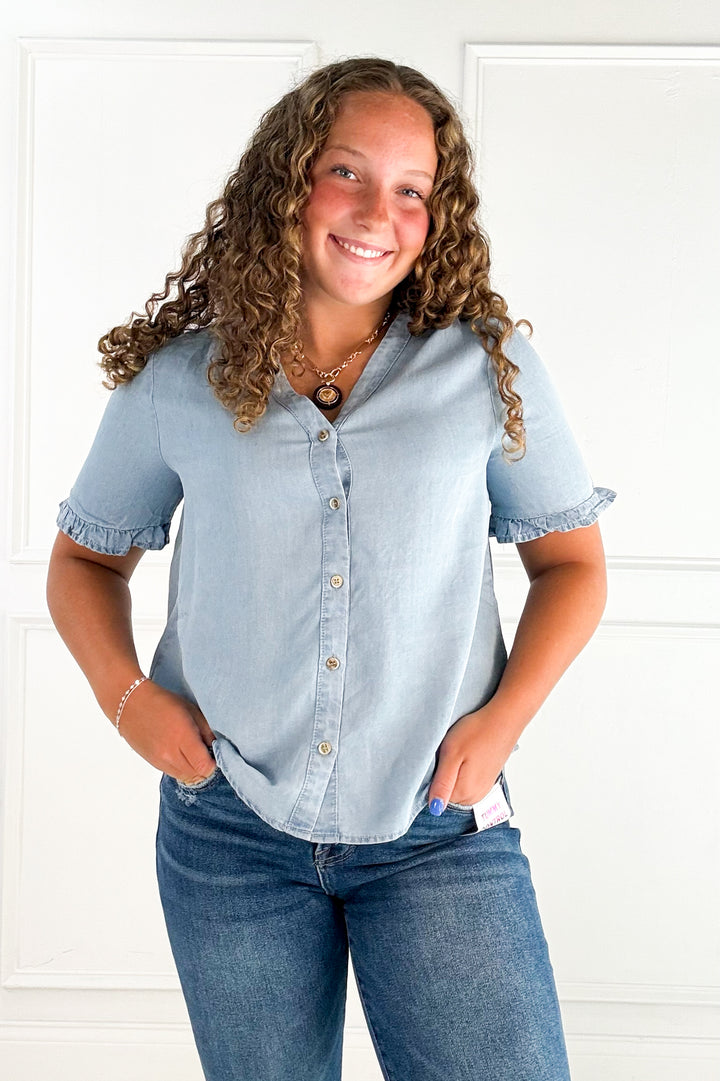 Denim V-Neck Ruffle Sleeve Button Blouse