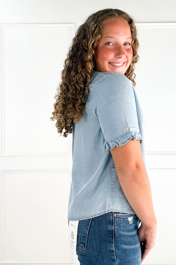 Denim V-Neck Ruffle Sleeve Button Blouse