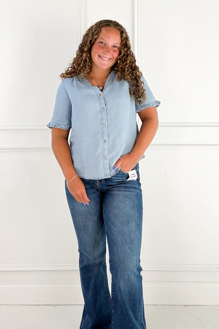 Denim V-Neck Ruffle Sleeve Button Blouse