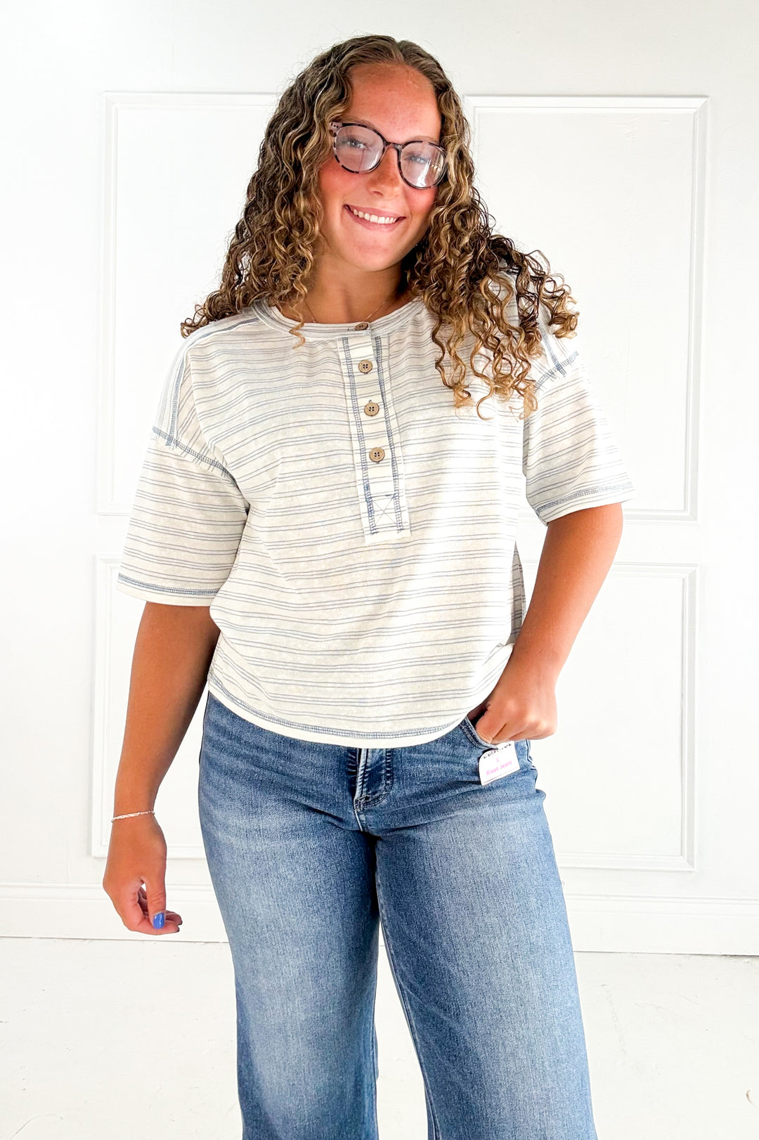 Striped Exposed Seam Henley Knit Top