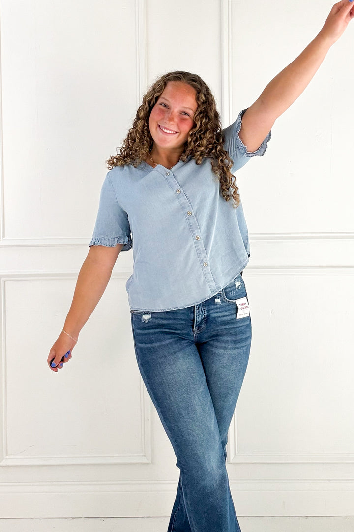 Denim V-Neck Ruffle Sleeve Button Blouse
