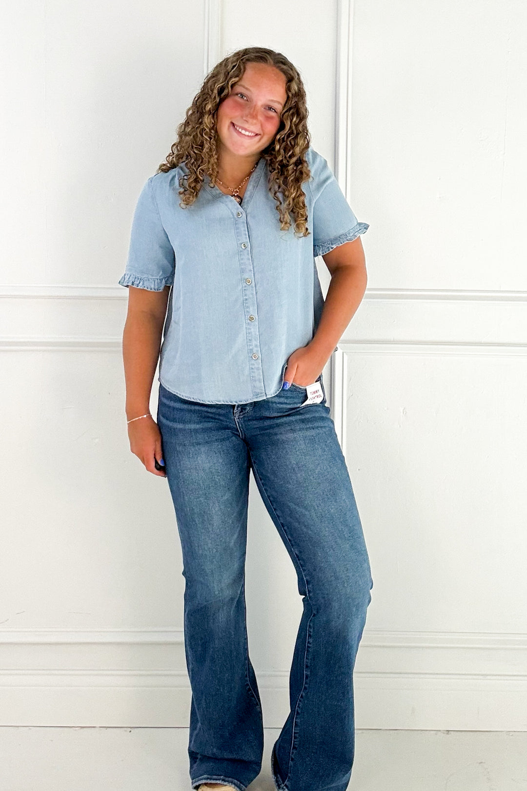 Denim V-Neck Ruffle Sleeve Button Blouse