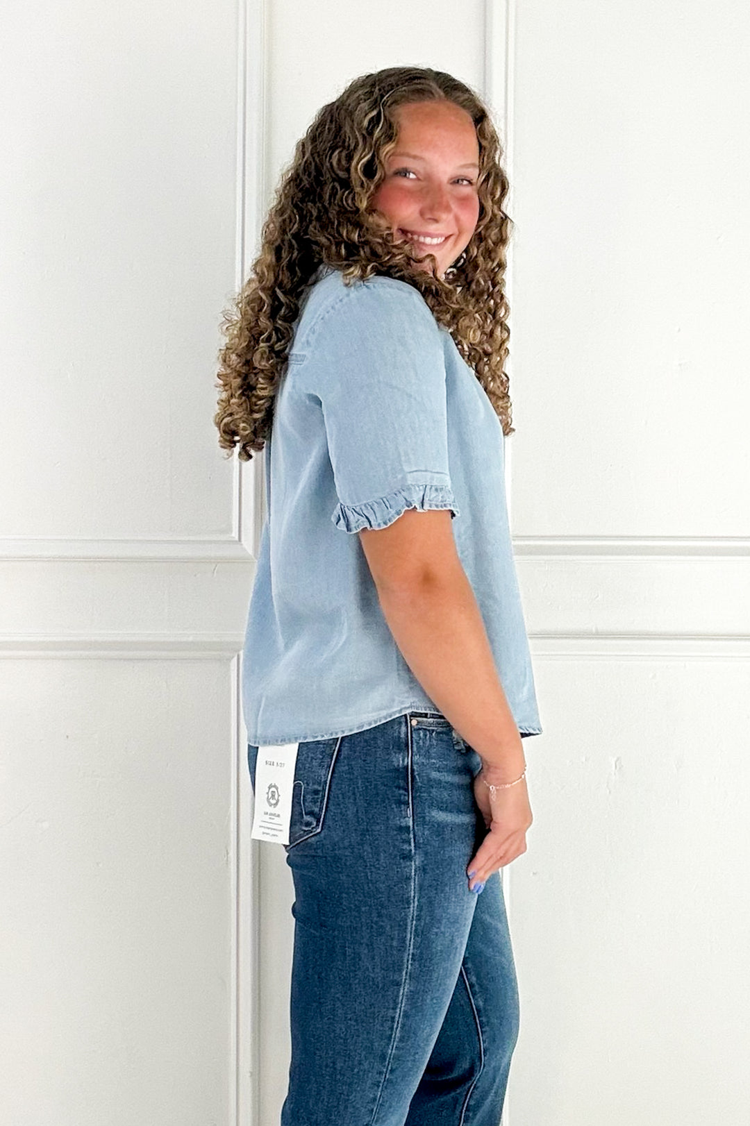 Denim V-Neck Ruffle Sleeve Button Blouse