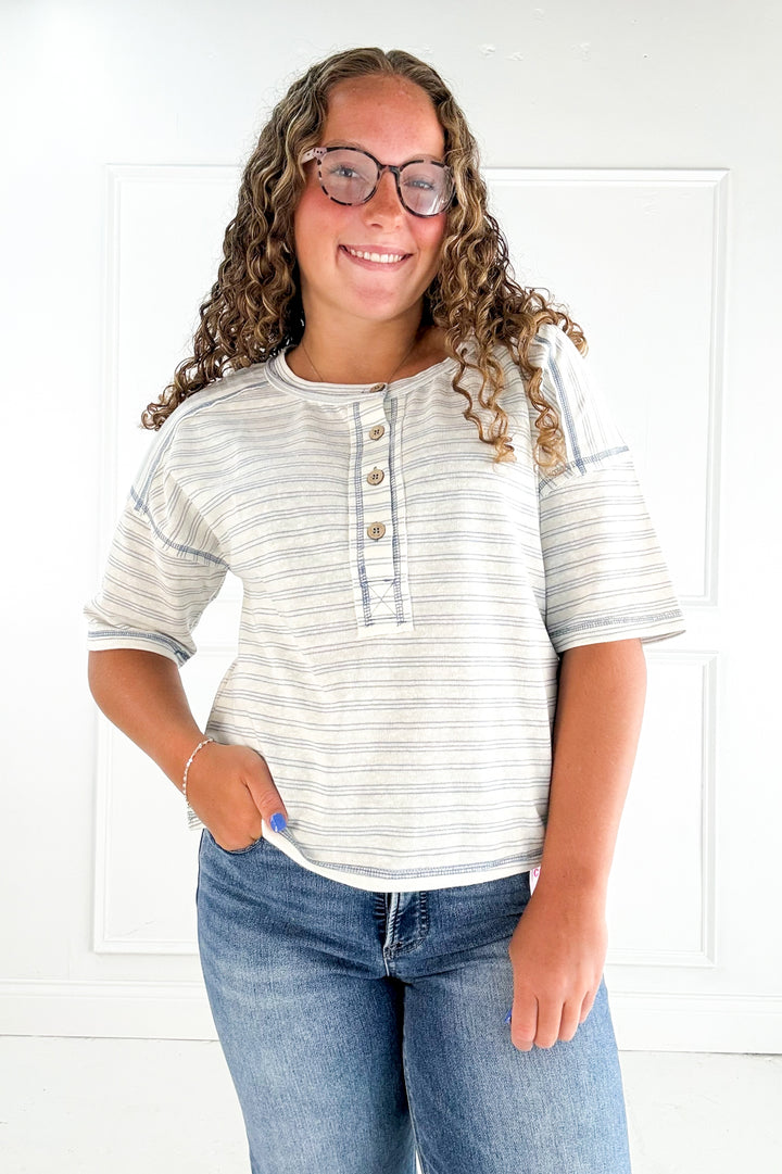 Striped Exposed Seam Henley Knit Top