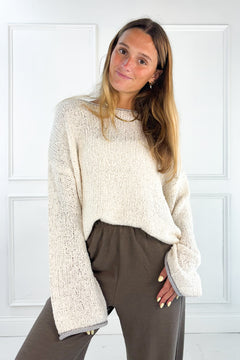 Boat Neck Contrast Trim Long Sleeve Knit Sweater