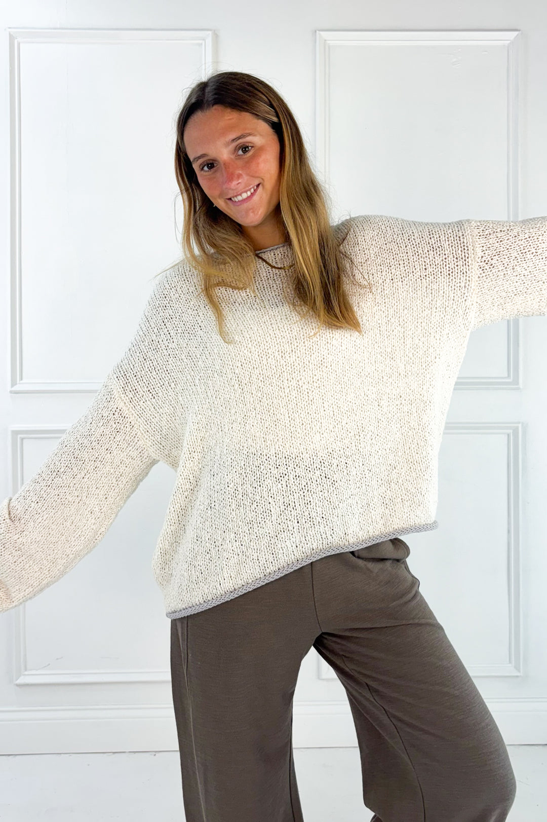Boat Neck Contrast Trim Long Sleeve Knit Sweater