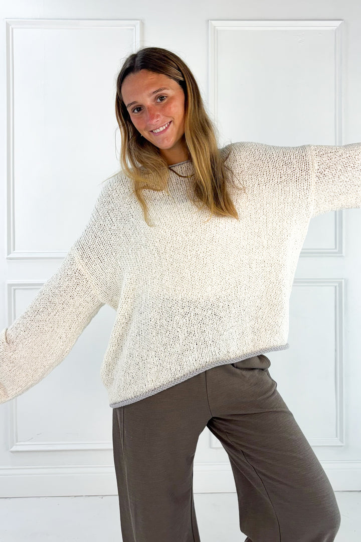 Boat Neck Contrast Trim Long Sleeve Knit Sweater