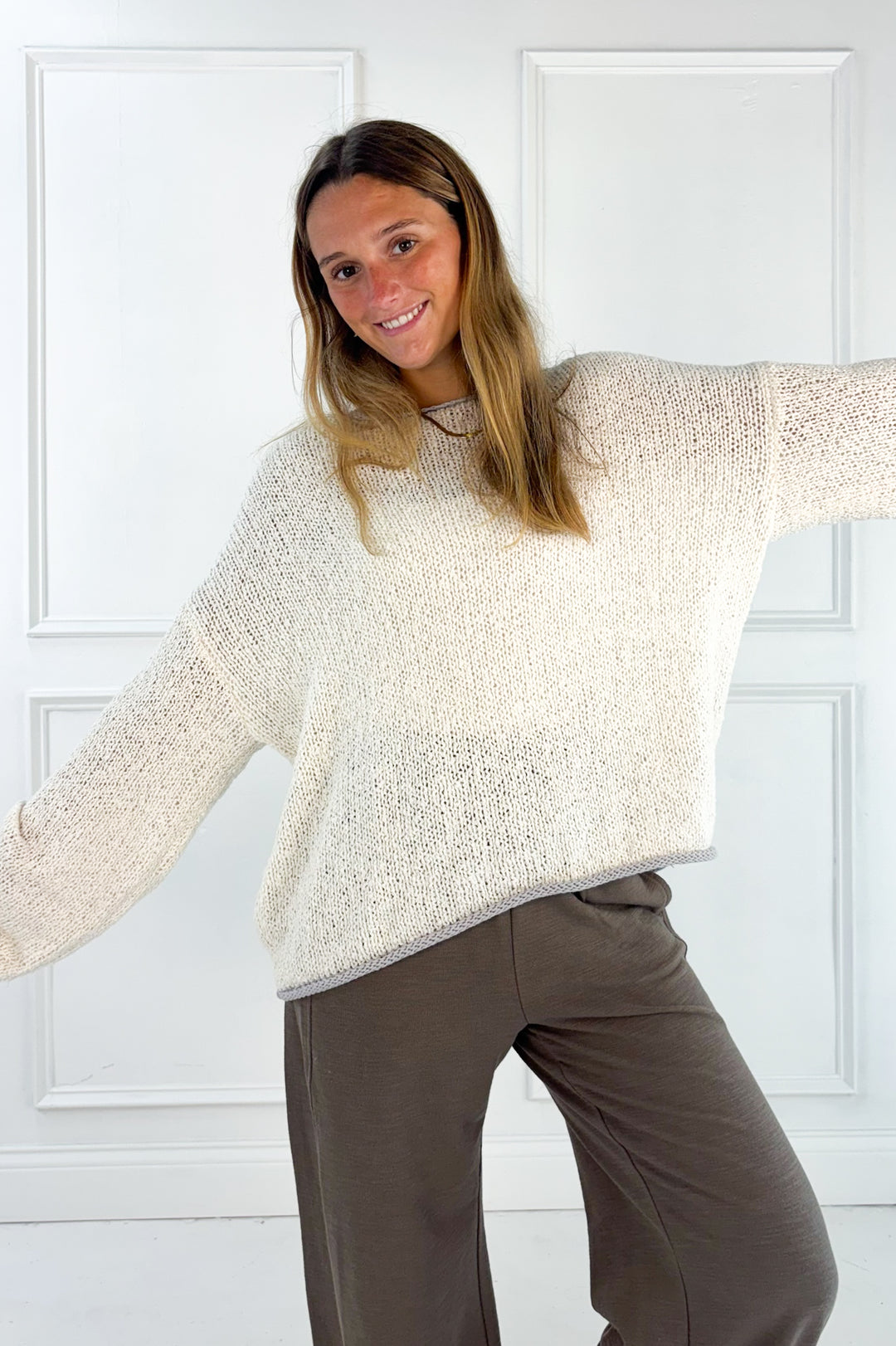 Boat Neck Contrast Trim Long Sleeve Knit Sweater